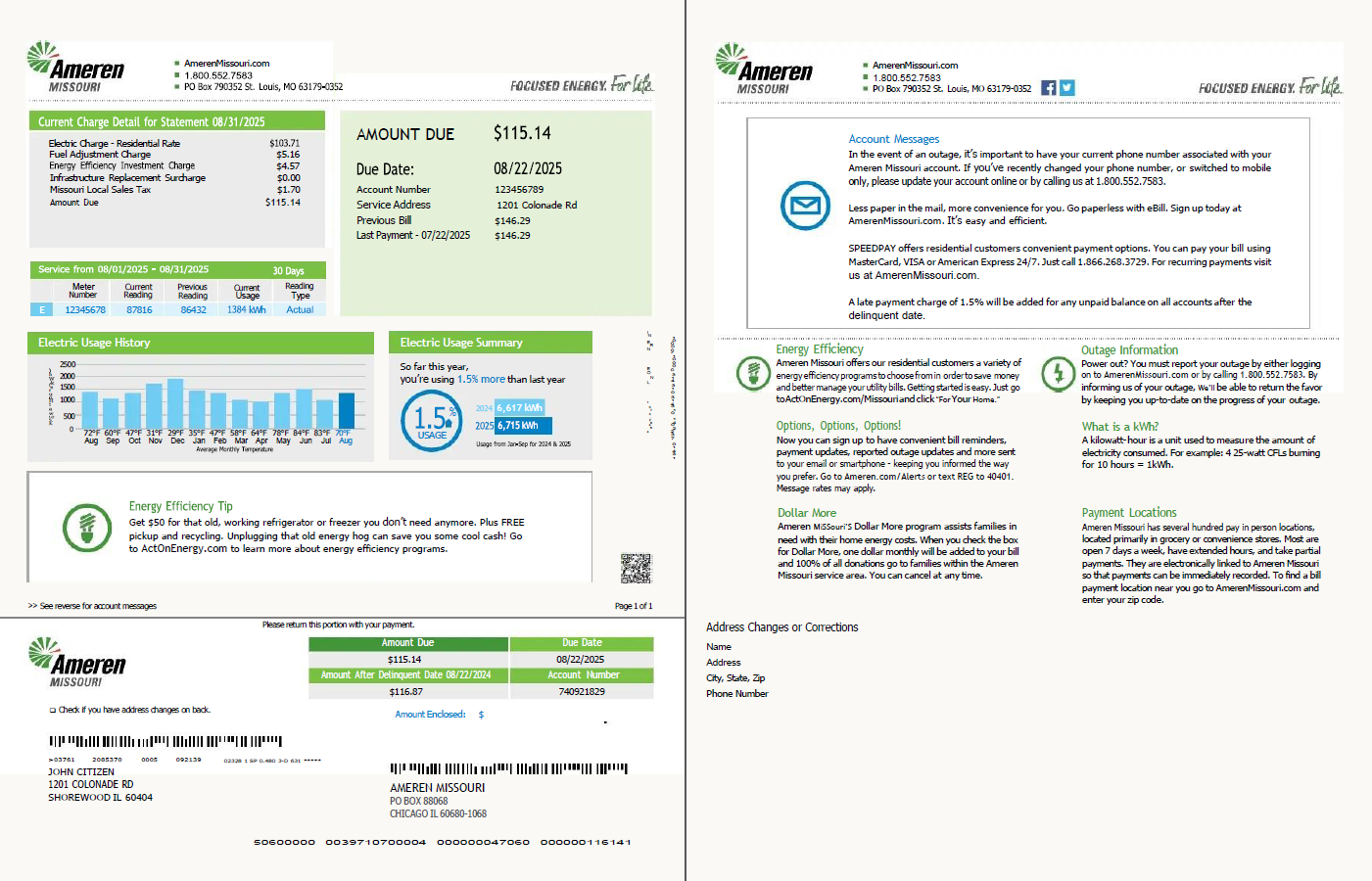 USA Ameren Missouri utility bill template in Word and PDF formats, 2 pages